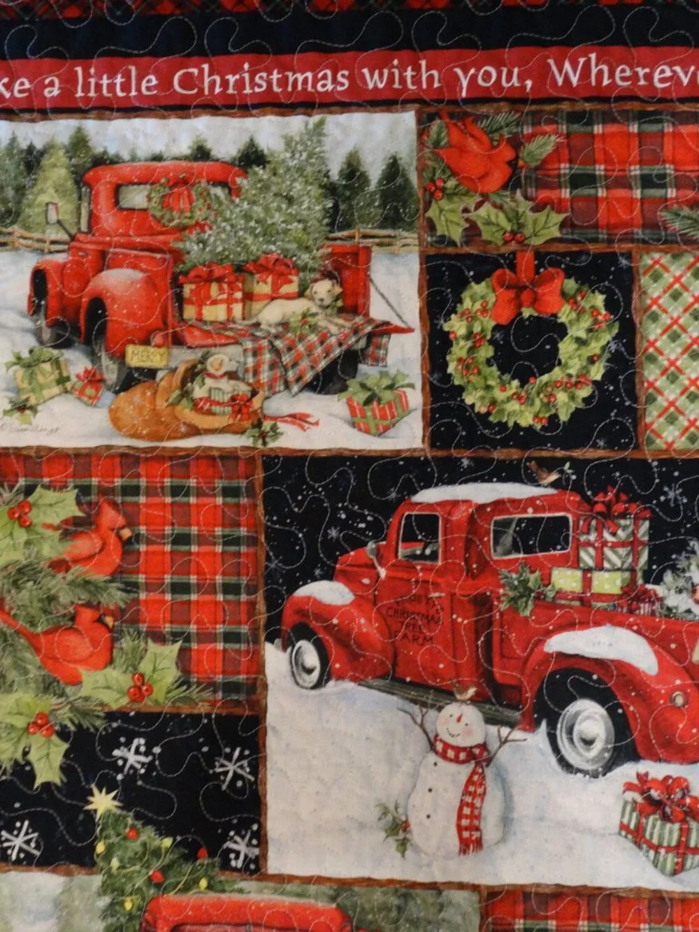 Handmade Red Truck Christmas Quilt, Fleece Backing, Holiday Throw (47